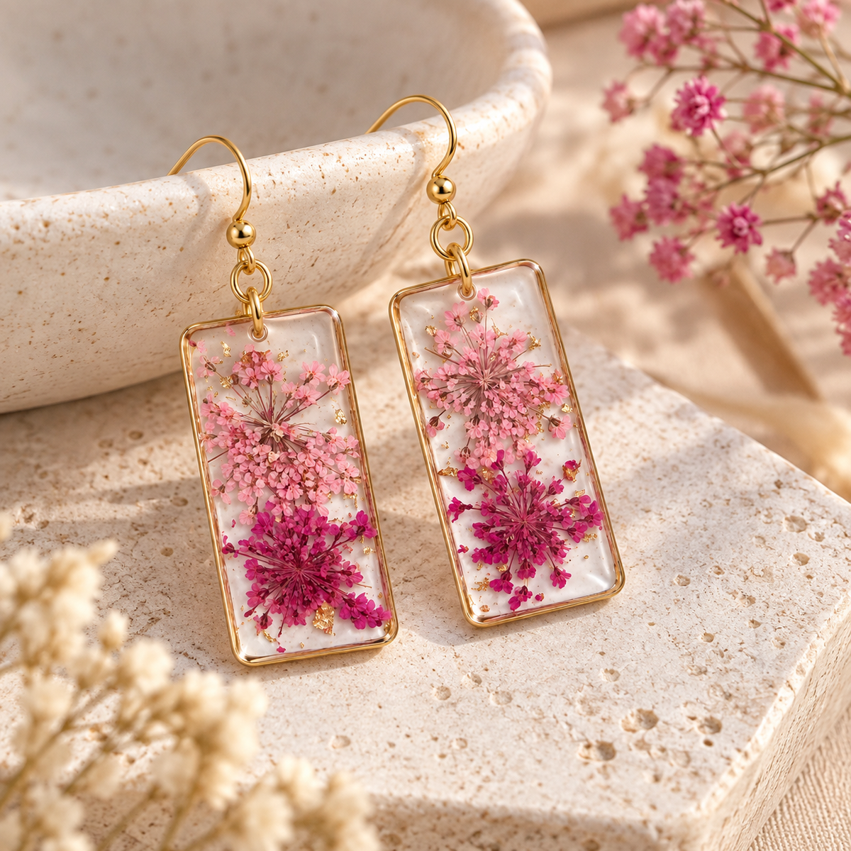 Boucles d’oreilles florales rectangulaires