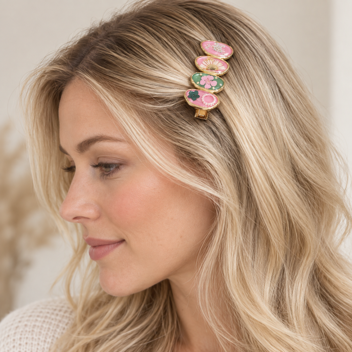 Barrette florale Jardin rosé